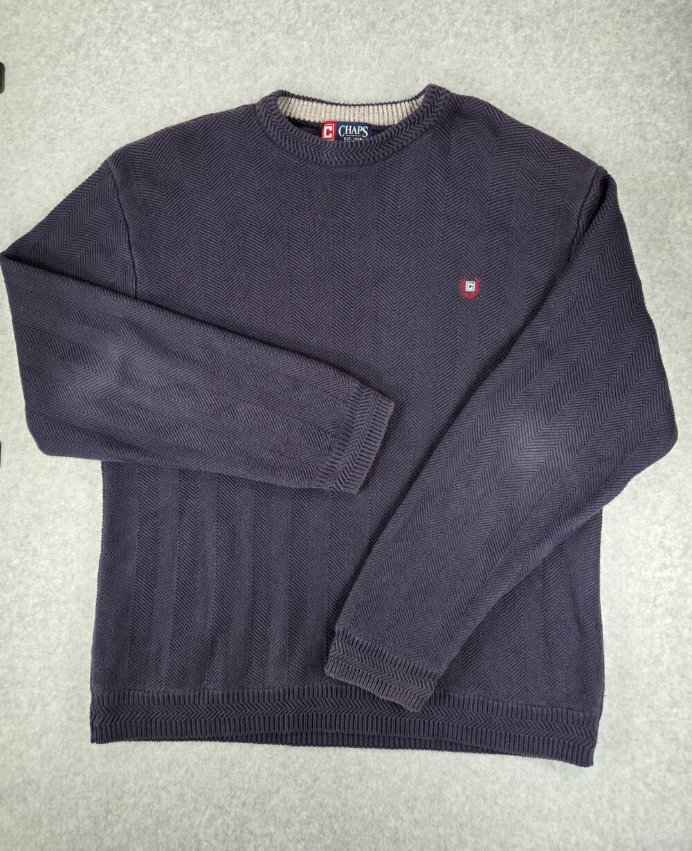 Vintage Chaps Men XL Blue Herringbone Chevron Knit Sweater Pullover Cotton Crew